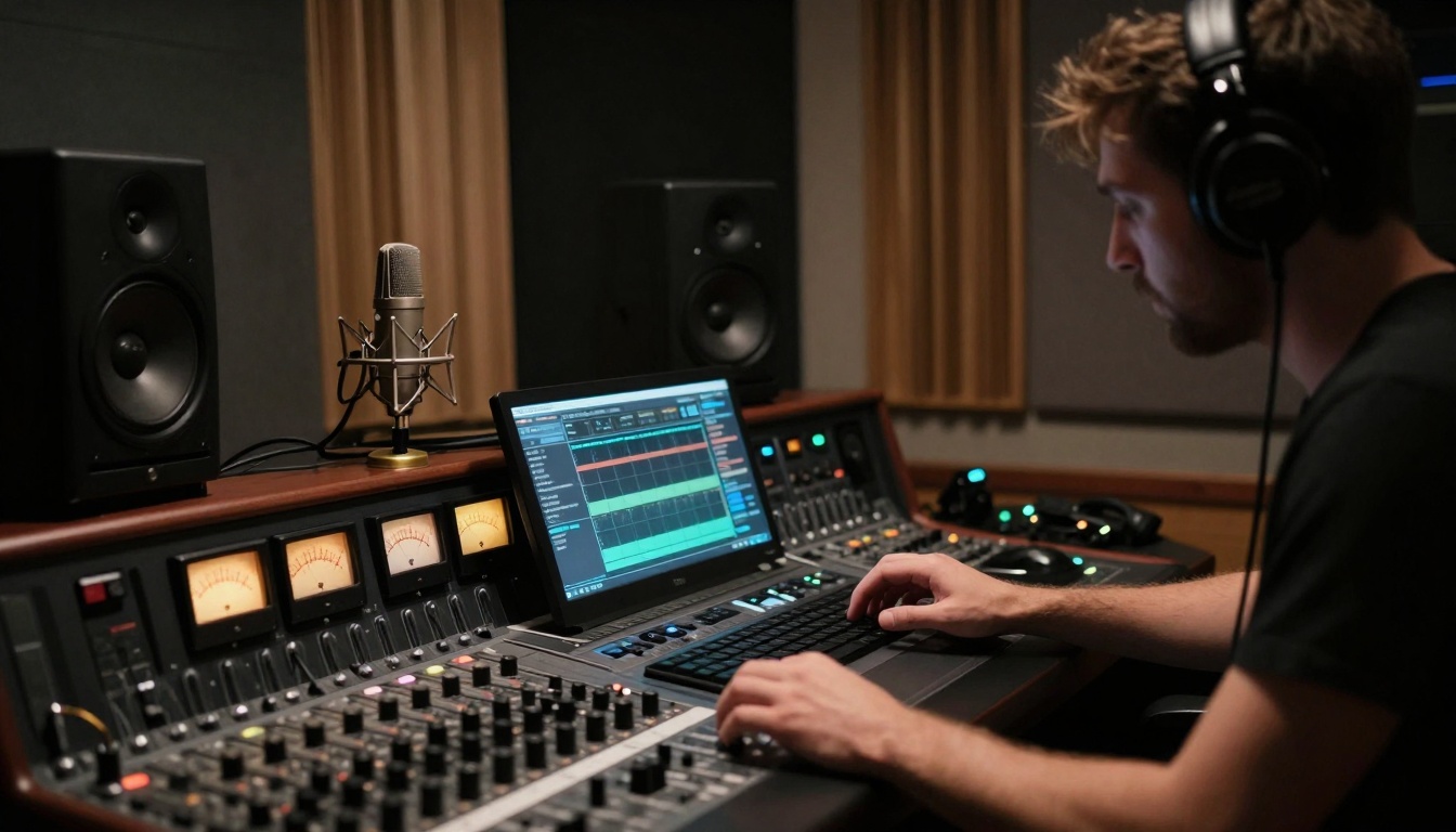 Dutch angle of music producer with AI tools