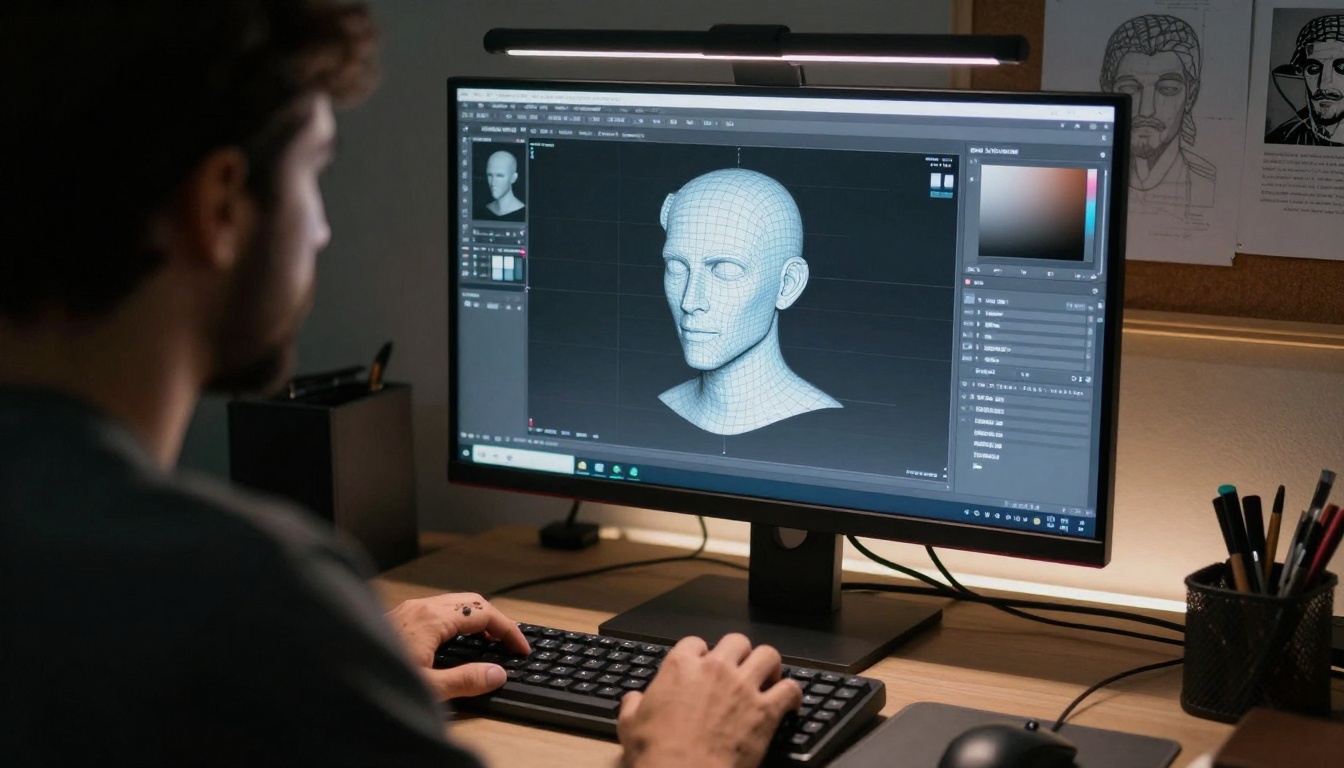 Over-shoulder view of 3D artist with AI