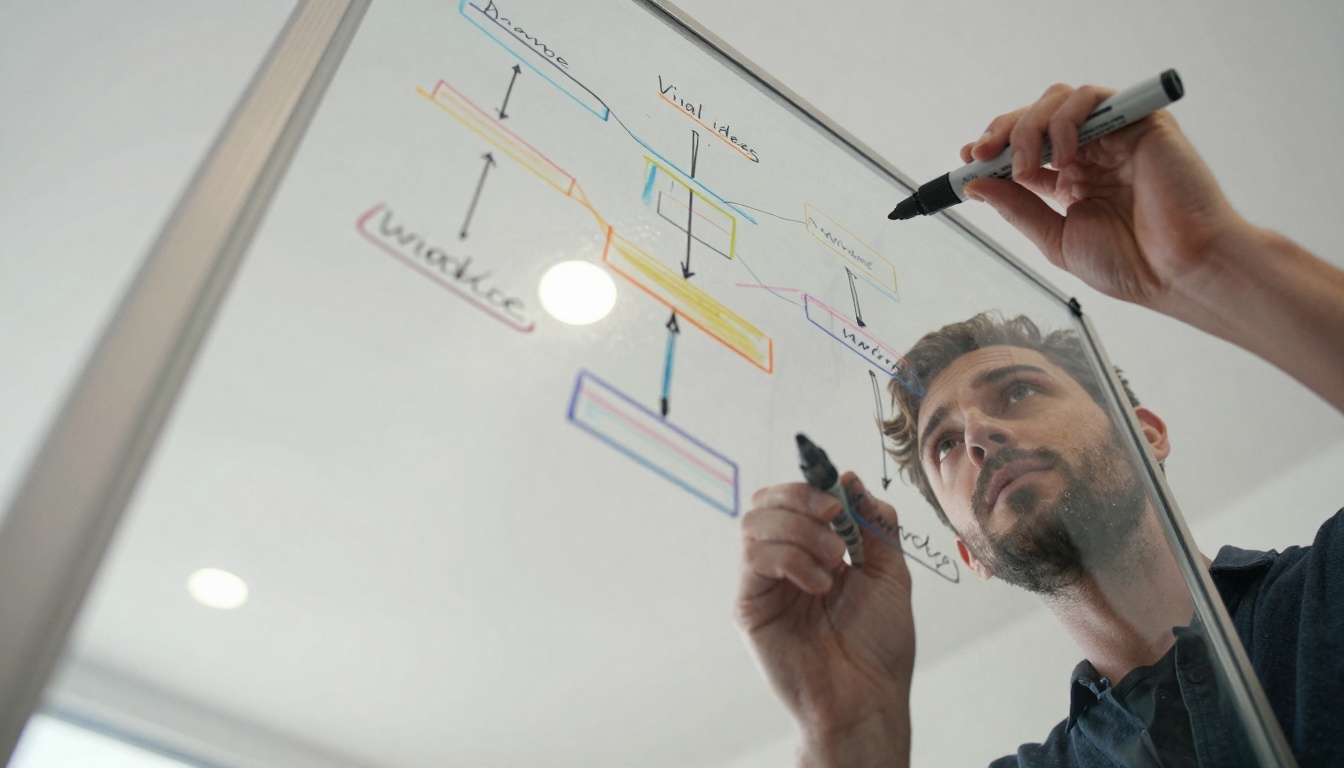 Brainstorming session on glass whiteboard