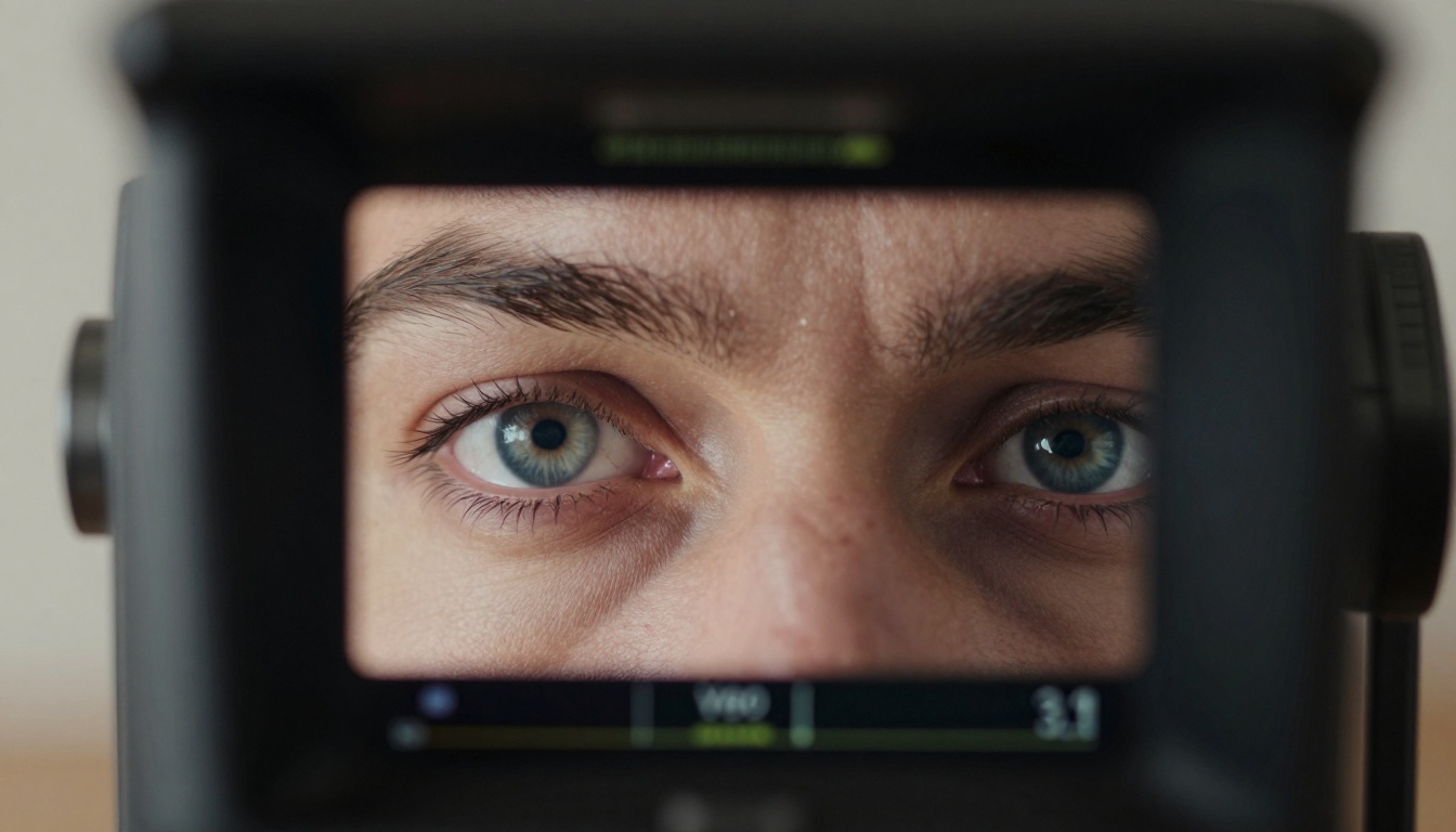 Extreme close-up of filmmaker's eye in camera viewfinder