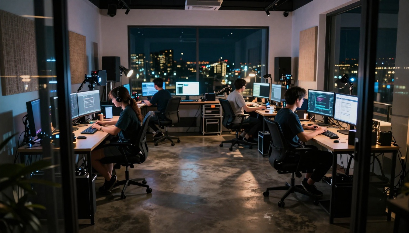 Modern content creation studio at night