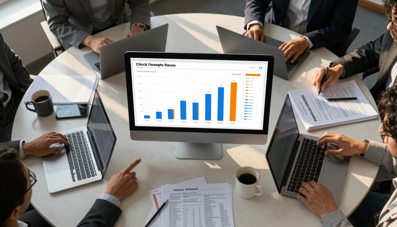 Marketing team analyzing click-through data dashboards