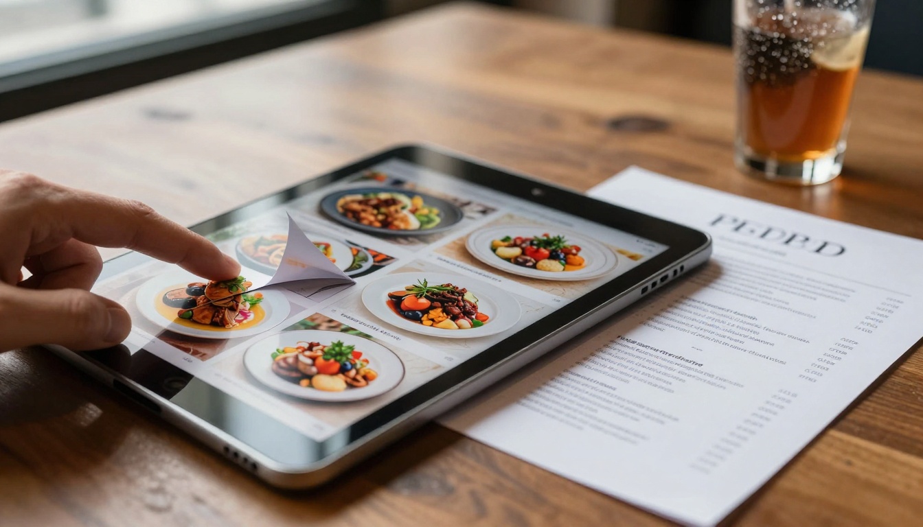 Interactive restaurant menu flipbook close-up