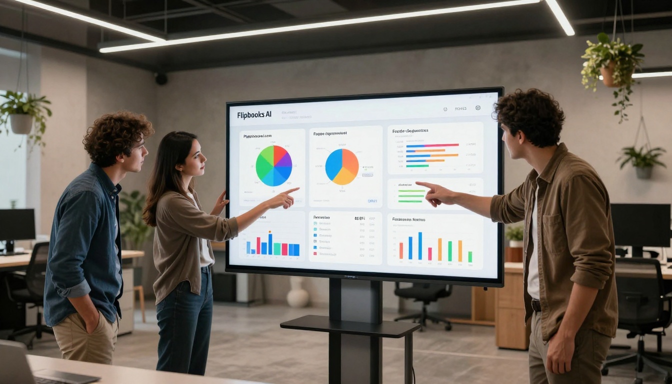 Team collaborating around analytics dashboard Team collaborating around analytics dashboard