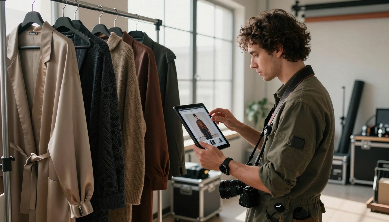 Fashion photographer reviewing digital lookbook Fashion photographer reviewing digital lookbook