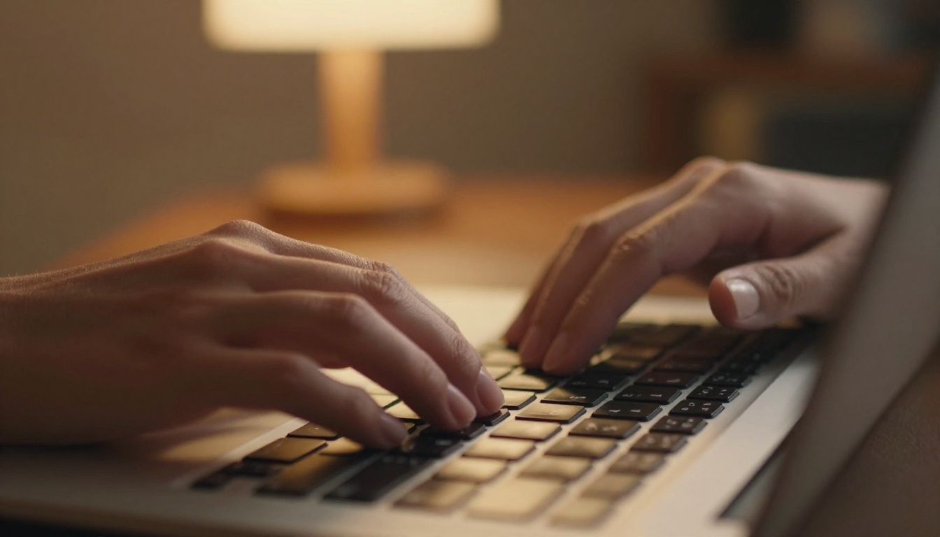 Hands typing on a backlit laptop keyboard in warm amber light