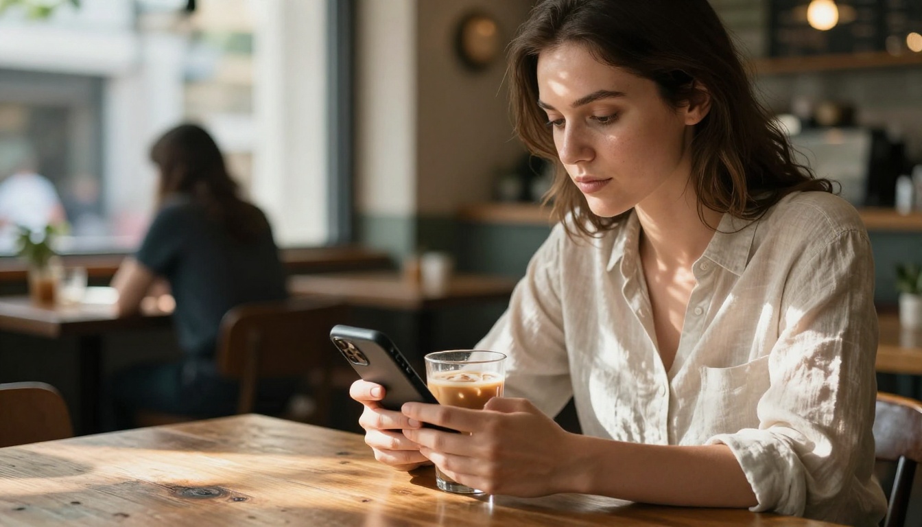 Woman in café scrolling her phone with afternoon daylight