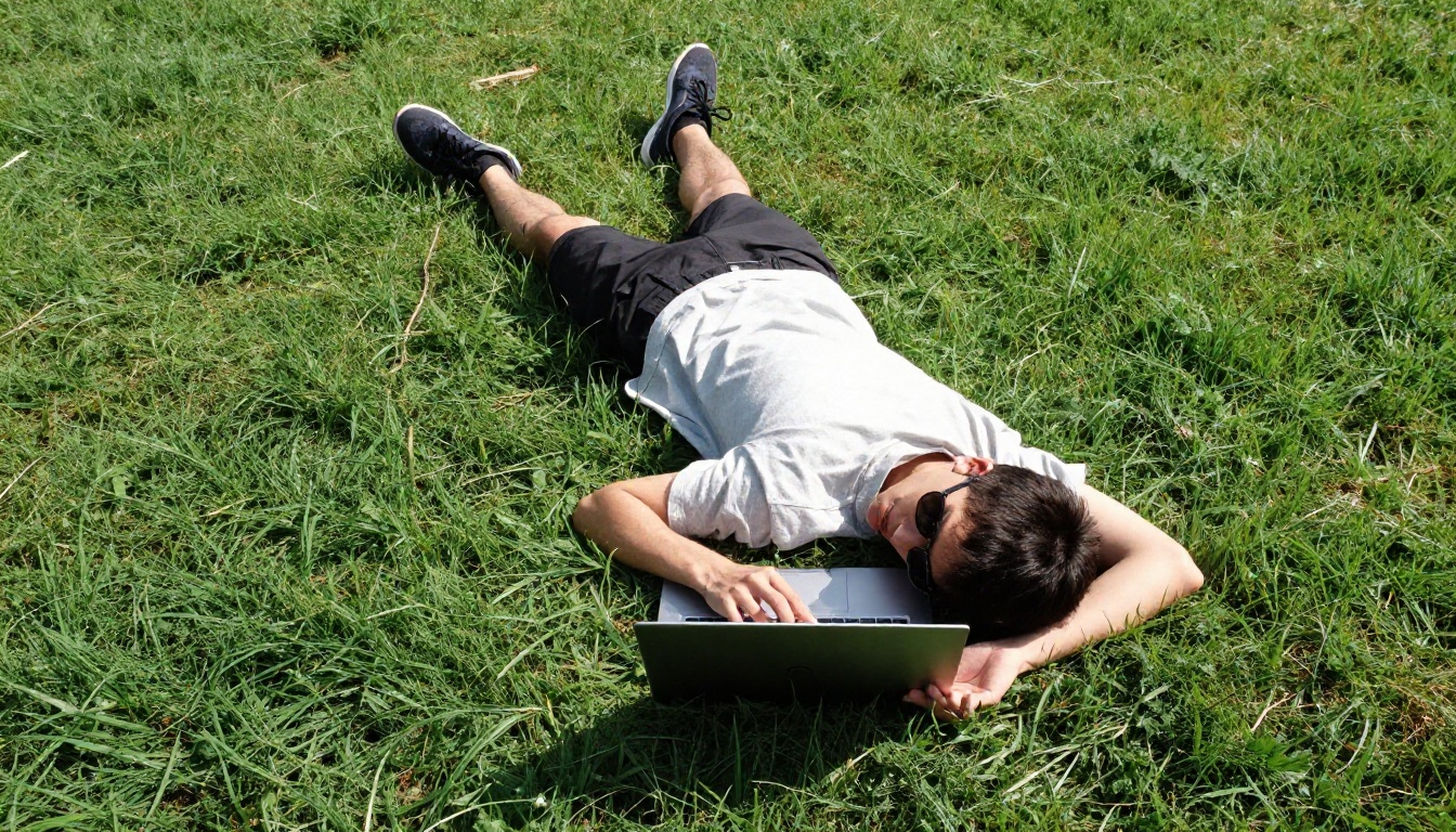 Aerial view of a man working on laptop lying in a sunny park