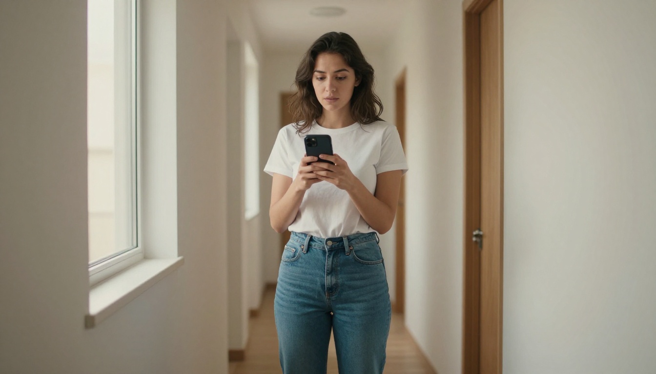 Low-angle shot of a woman watching a video on her phone in a hallway