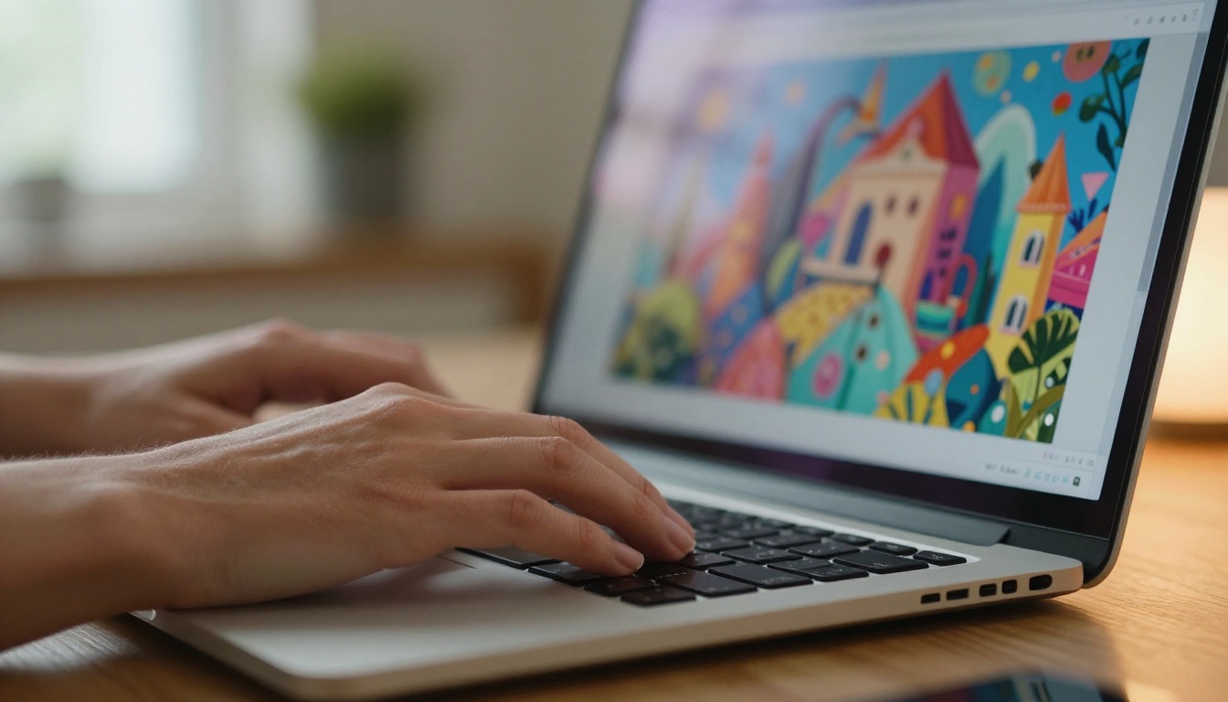 Woman typing a creative AI art prompt on a laptop keyboard in a cozy studio
