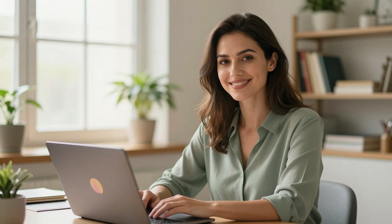 Confident woman smiling at laptop in a bright home office