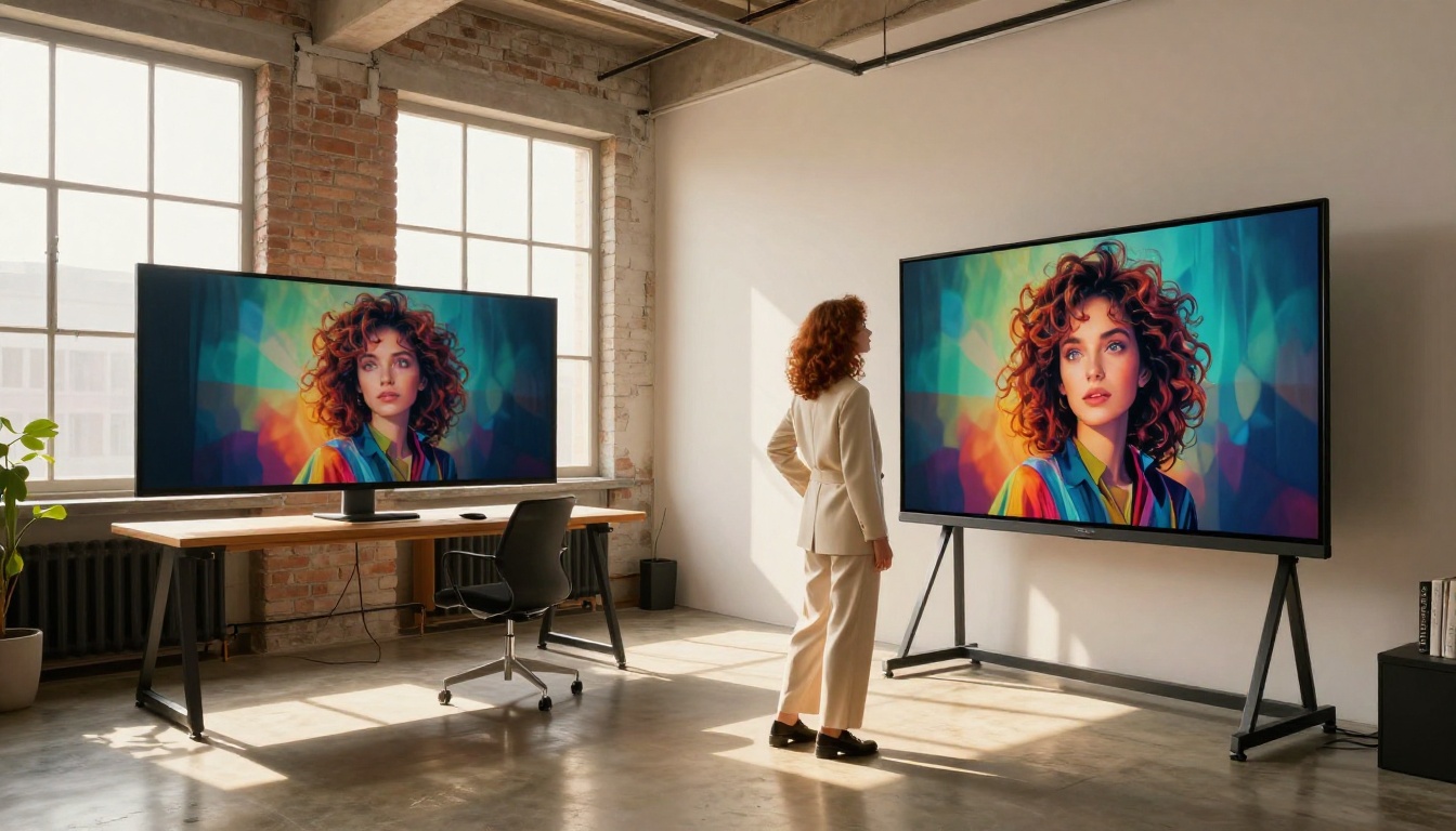 Modern creative studio with large monitors displaying AI-generated portrait artwork