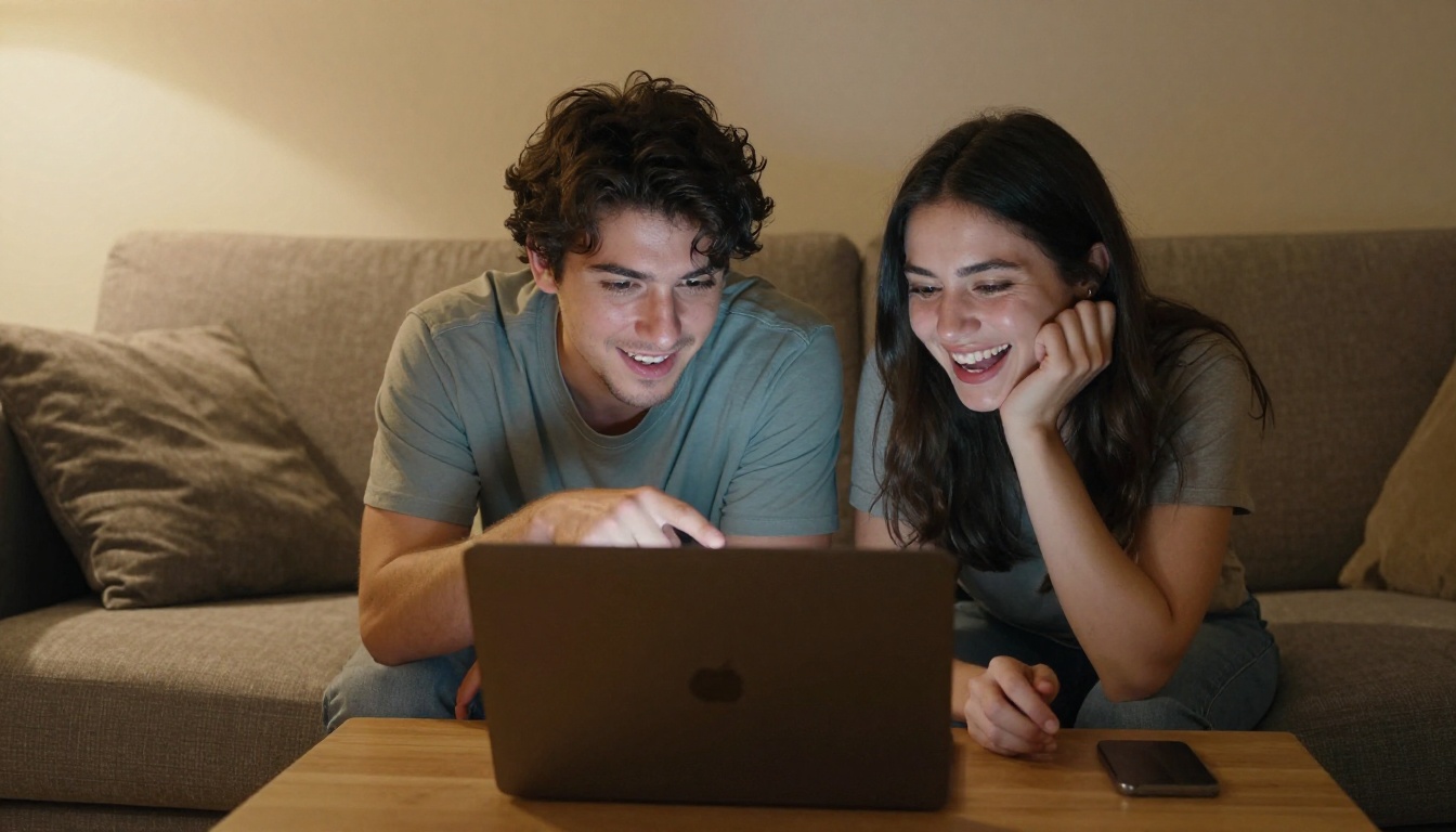 Two friends laughing and collaborating on a laptop on a couch Two friends laughing and collaborating on a laptop on a couch