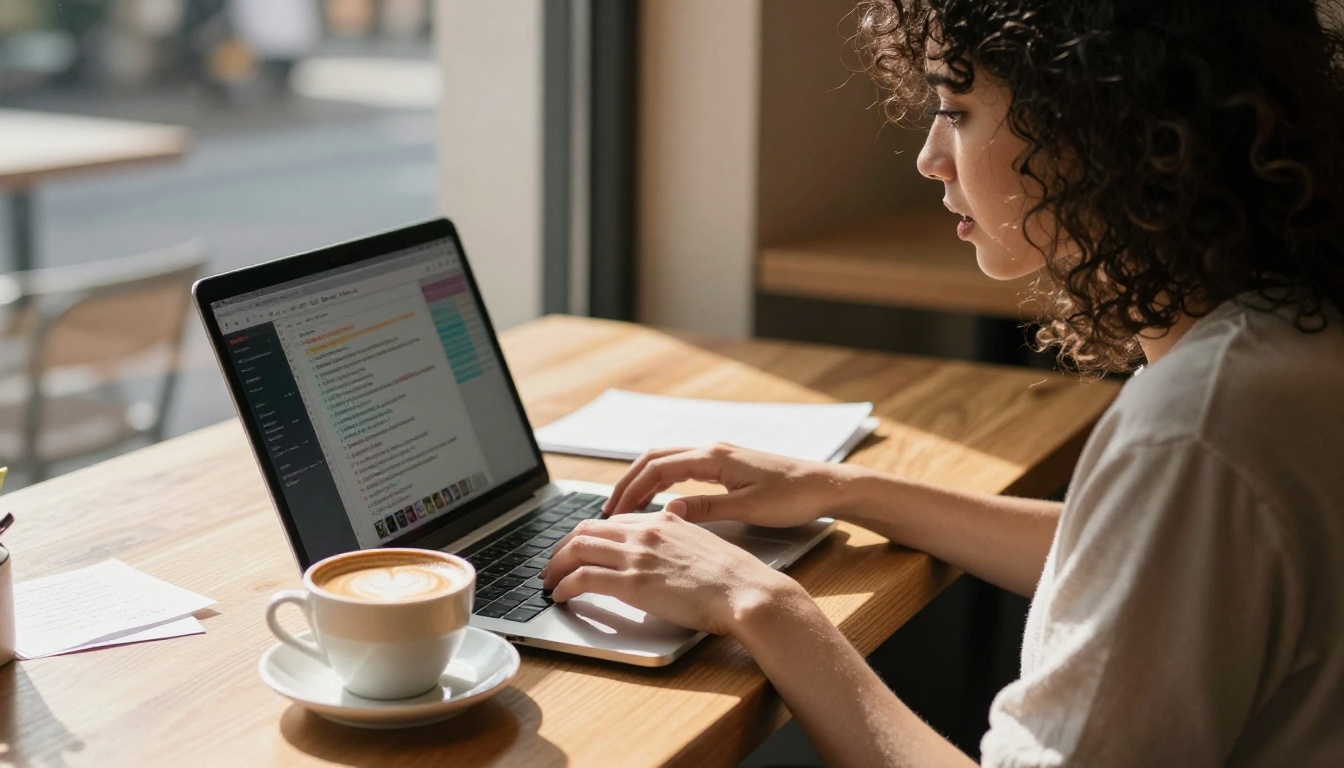 Woman typing prompts at a café with warm morning light