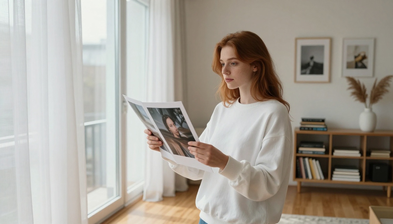 Woman comparing two AI-generated prints in natural window light