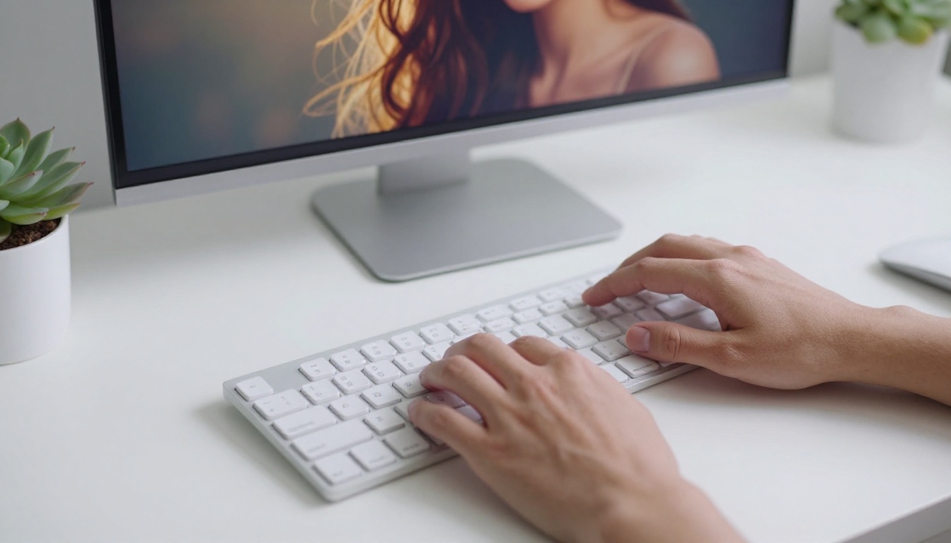 Hands on keyboard with AI-generated portrait on monitor