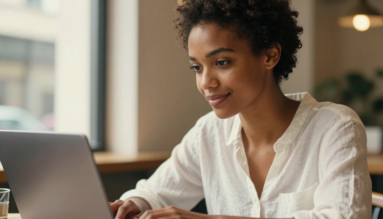 Beautiful portrait of a woman in a sunlit café working on AI art on her laptop
