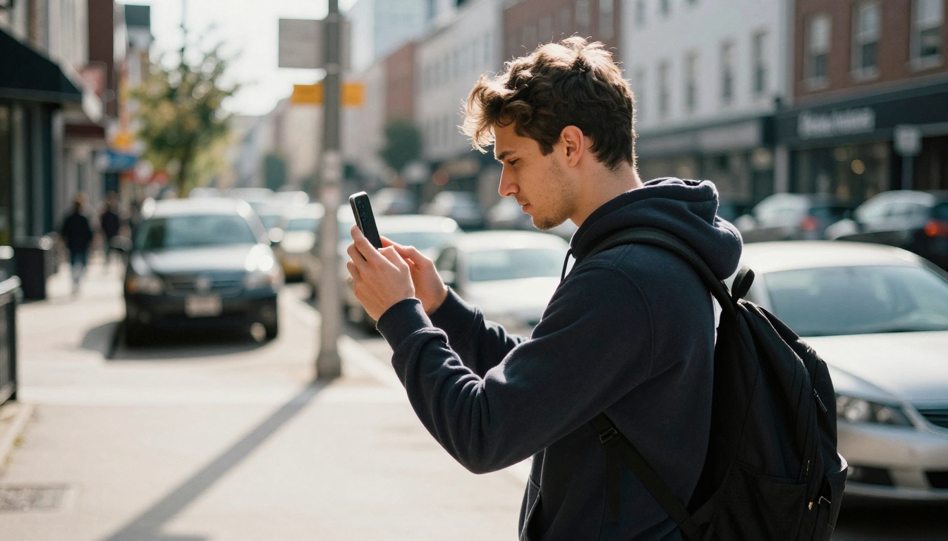 Man capturing video on his phone while walking down a sunny city street Man capturing video on his phone while walking down a sunny city street