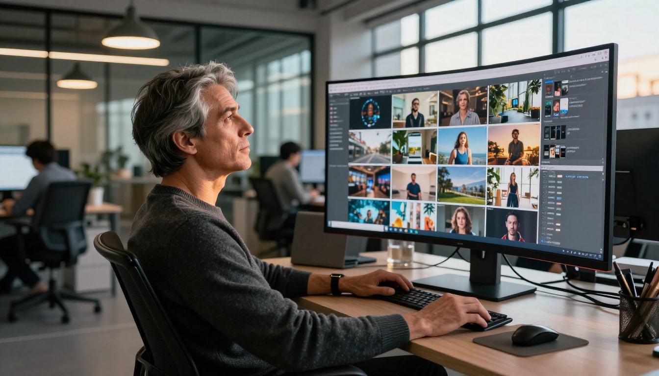 Creative director reviewing AI image outputs on large ultrawide monitor