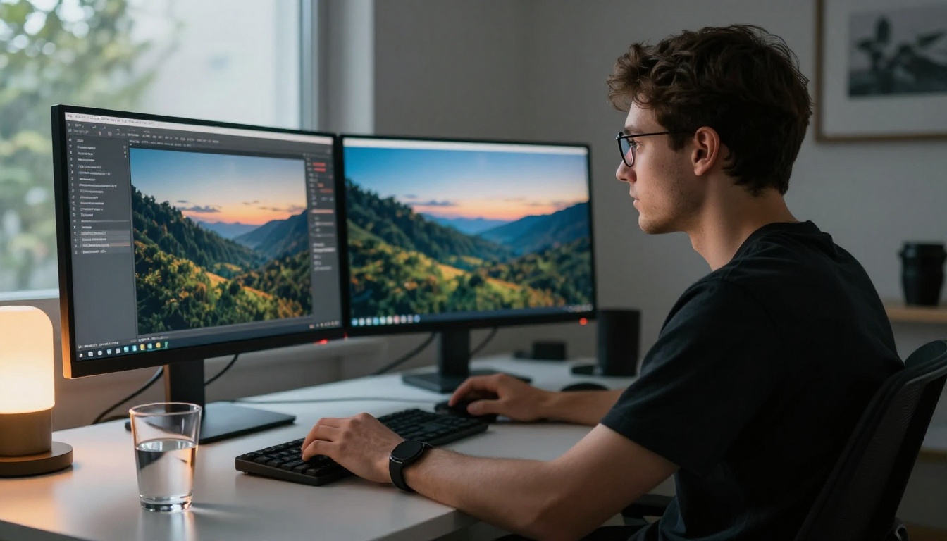 Man comparing dual monitors with AI image generation interface