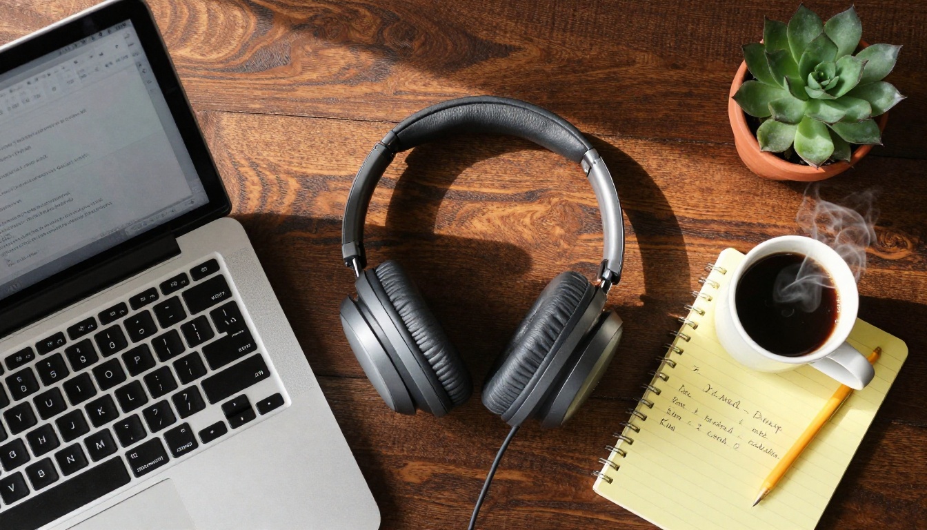 Creative workspace flat-lay with laptop, headphones, coffee mug, and notepad on walnut desk Creative workspace flat-lay with laptop, headphones, coffee mug, and notepad on walnut desk