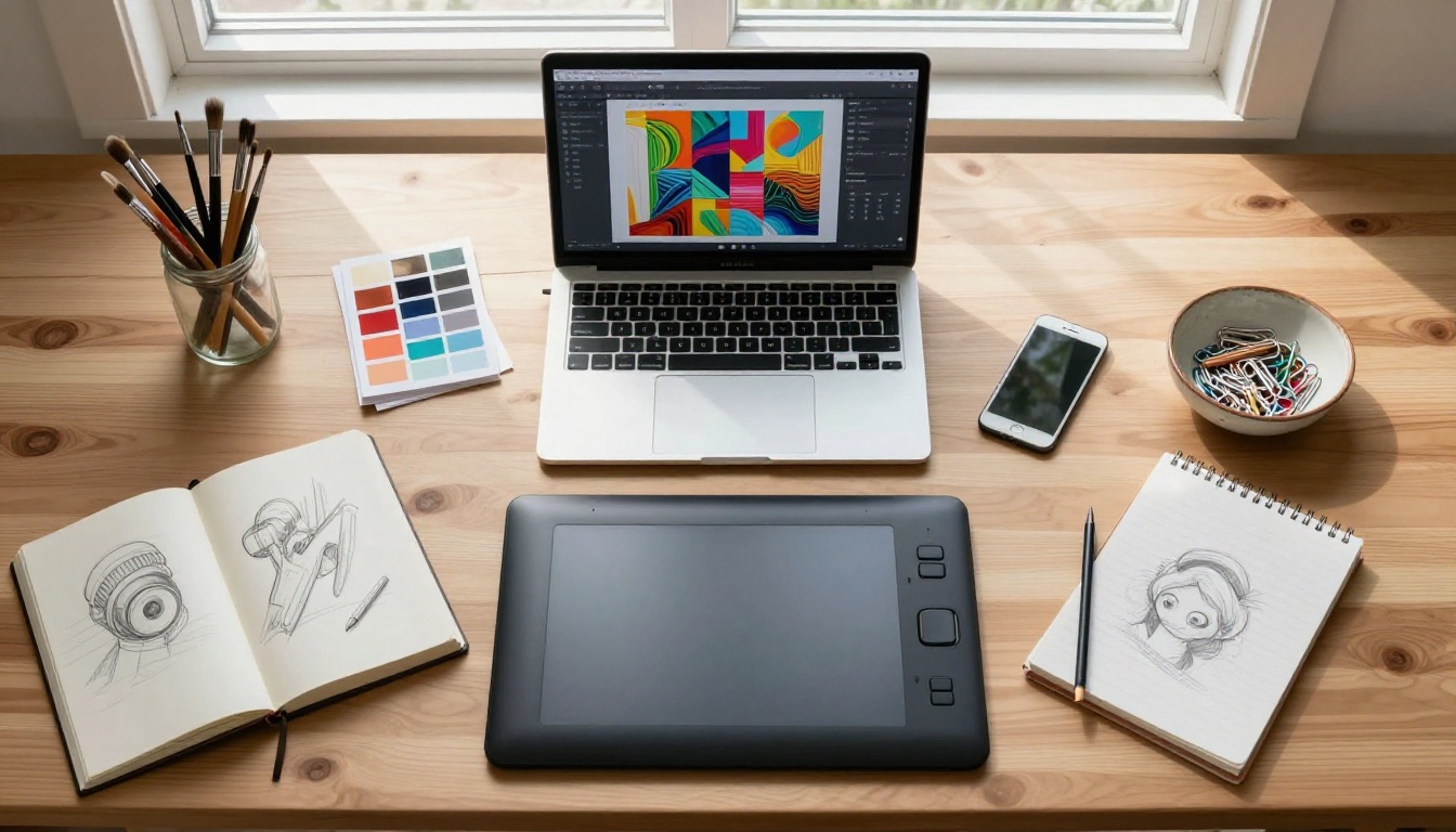 Aerial top-down view of creative workspace with MacBook and art supplies