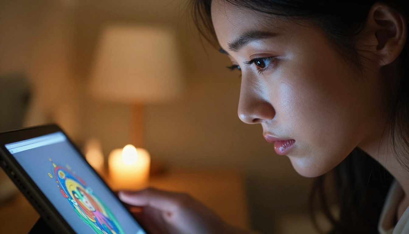 Side profile of a woman in warm candlelight focused on a glowing tablet screen Side profile of a woman in warm candlelight focused on a glowing tablet screen