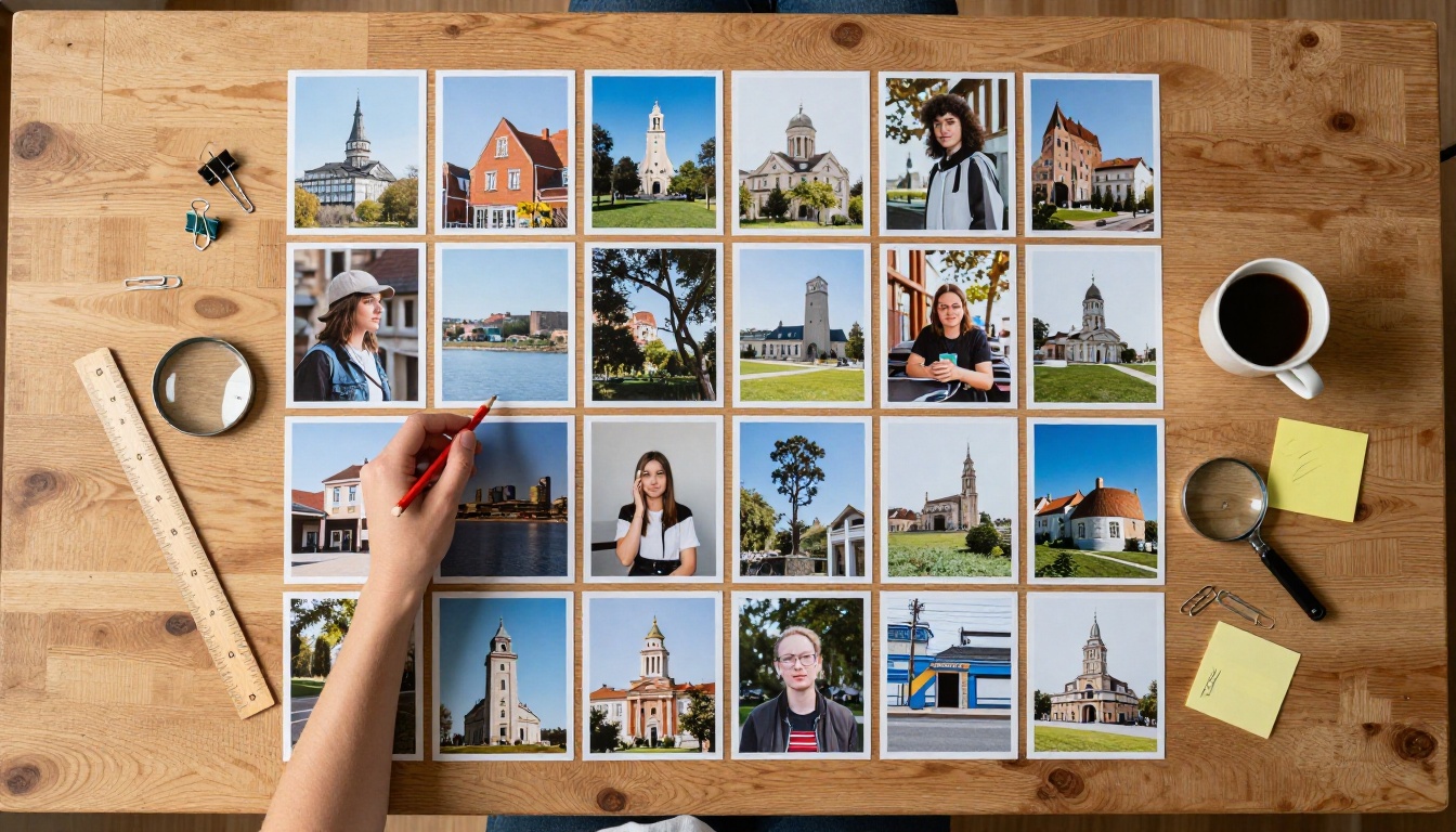 Aerial flat-lay view of printed image outputs arranged on a work table