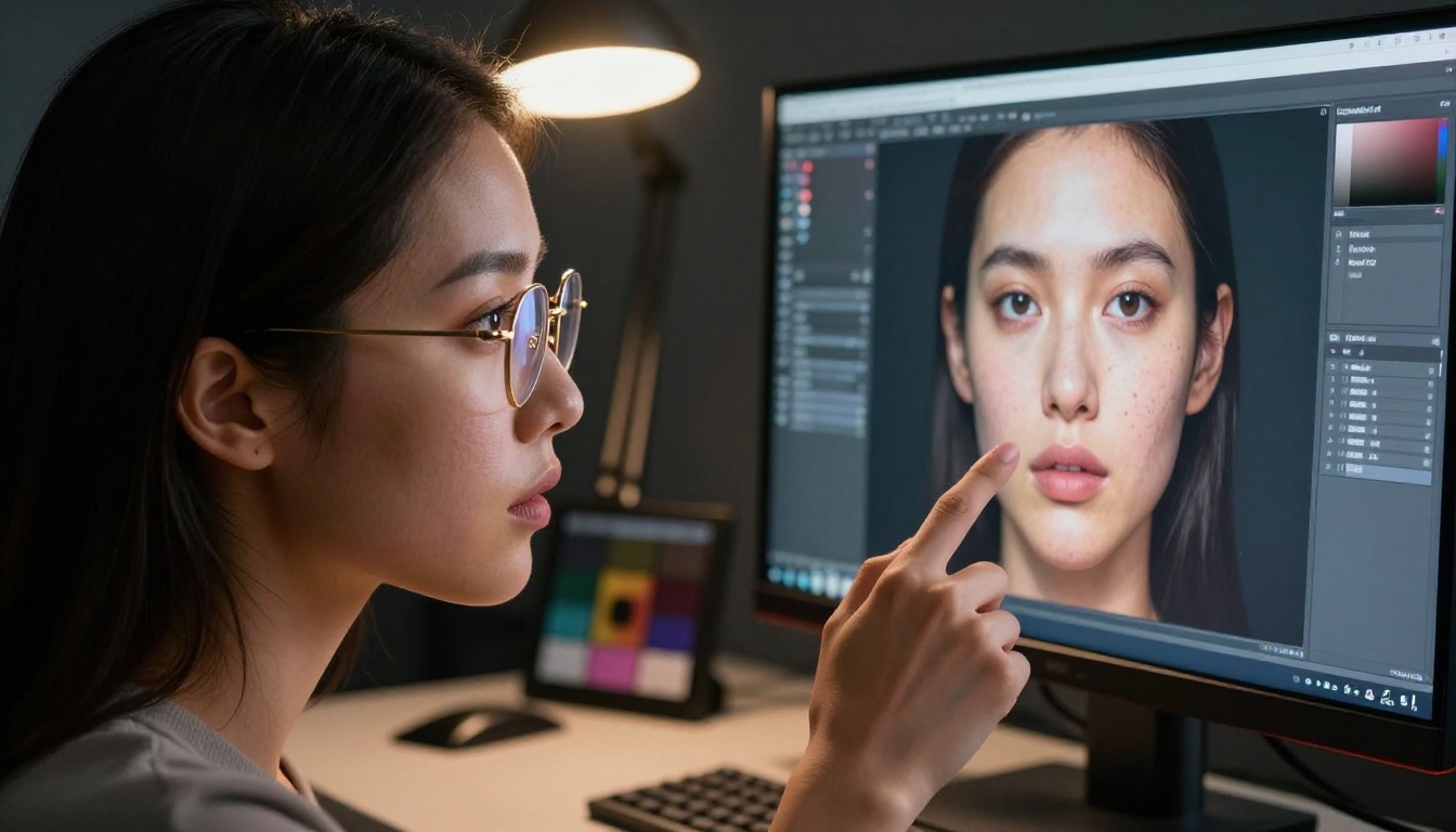 Graphic designer examining AI portrait detail on professional monitor