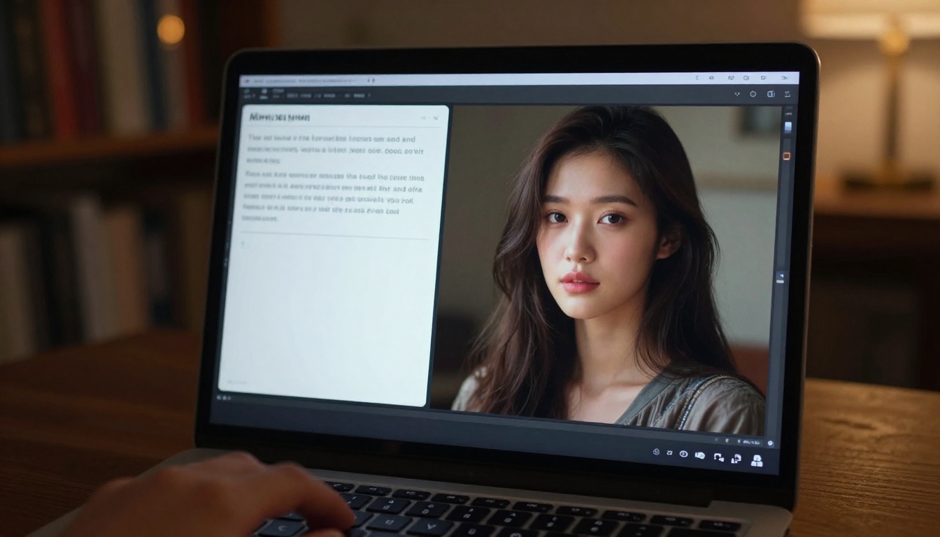 Laptop screen showing a split AI art generation interface with prompt and photorealistic output Laptop screen showing a split AI art generation interface with prompt and photorealistic output
