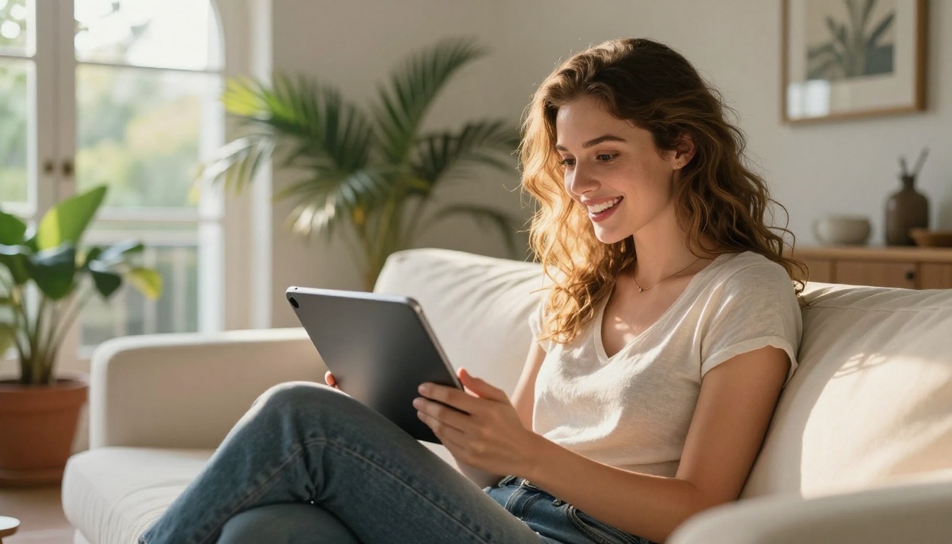 Woman on white sofa reacting with surprise to AI image on tablet