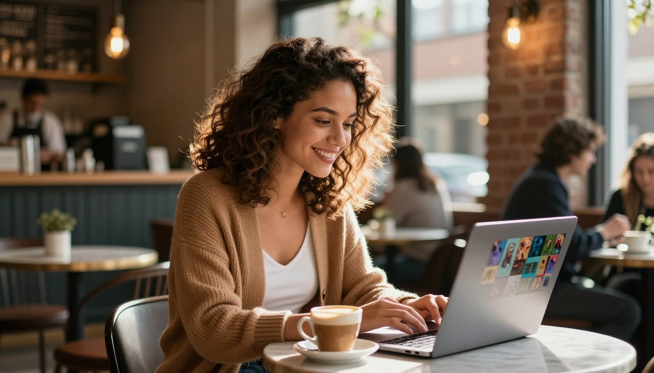 Content creator reviewing AI image results on laptop in café setting