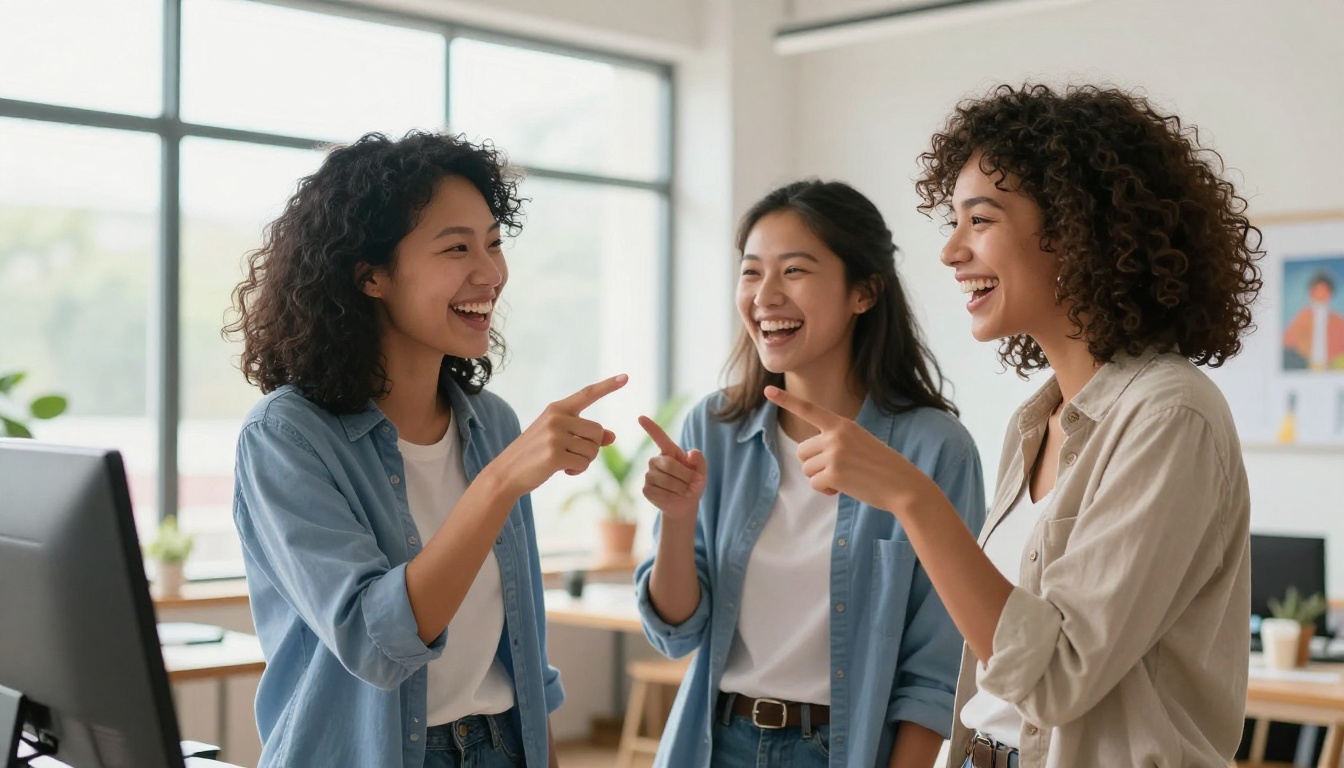 Two women friends laughing together while looking at AI-generated artwork on a large monitor Two women friends laughing together while looking at AI-generated artwork on a large monitor