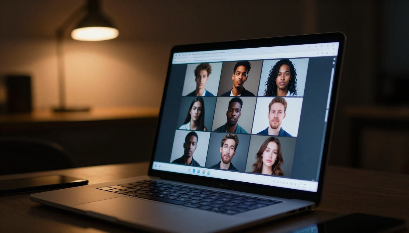 Laptop screen displaying grid of AI-generated portrait images in dim studio