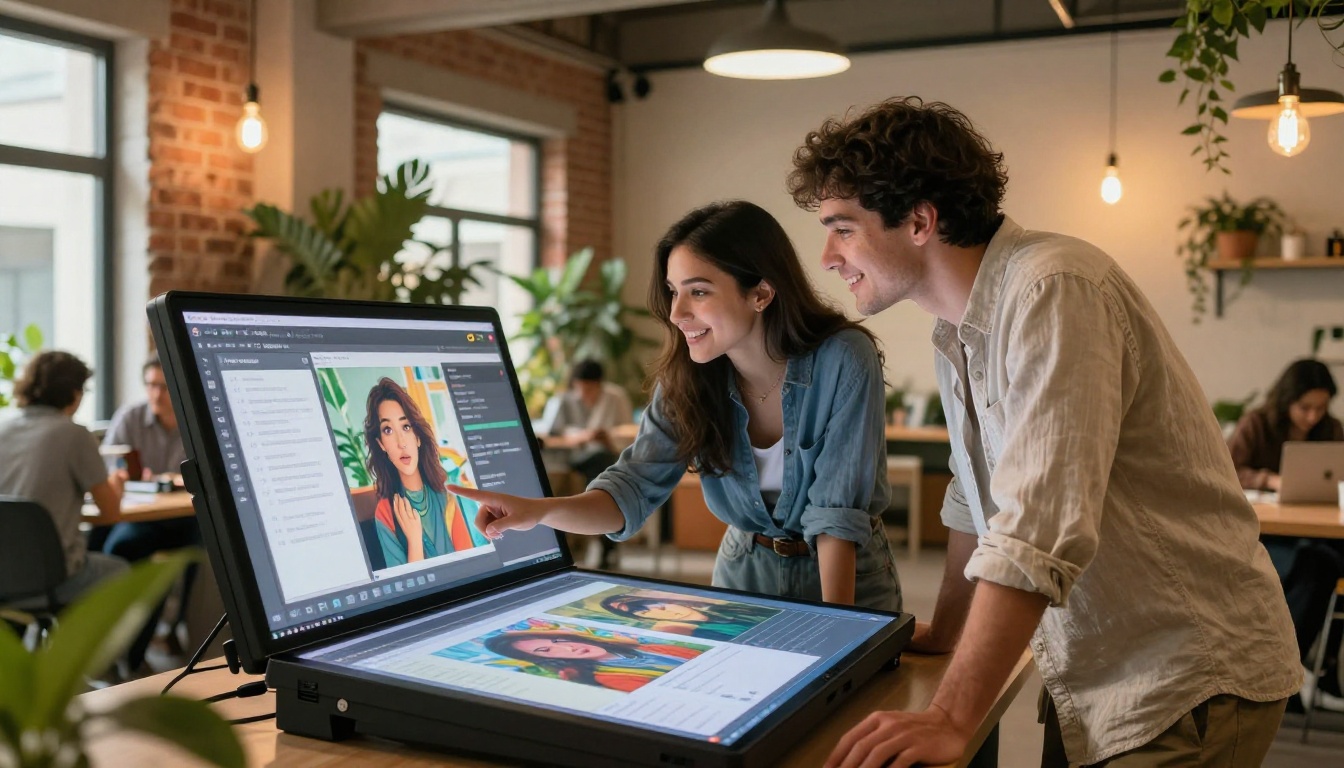 Two creative professionals collaborating at a touchscreen display