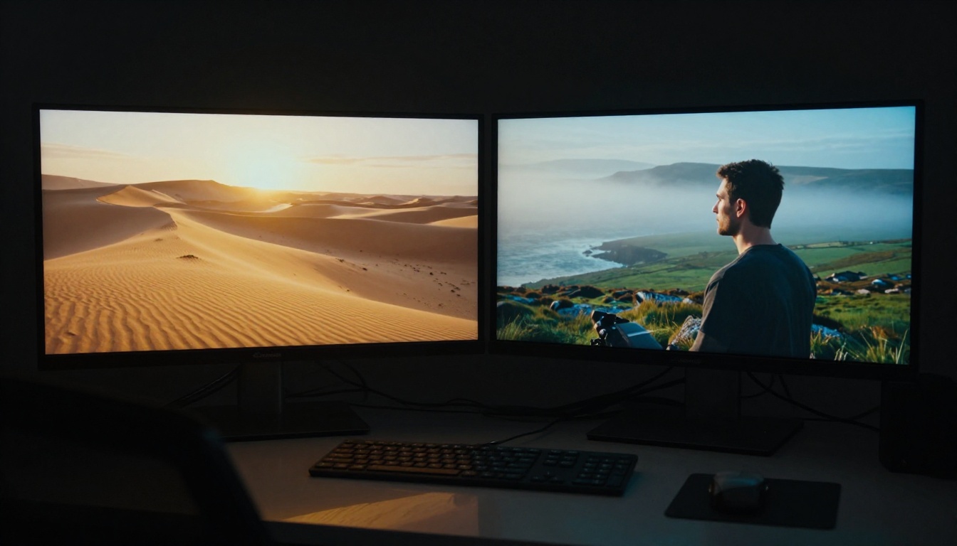 Dual monitors in dark editing suite showing two contrasting AI-generated landscapes