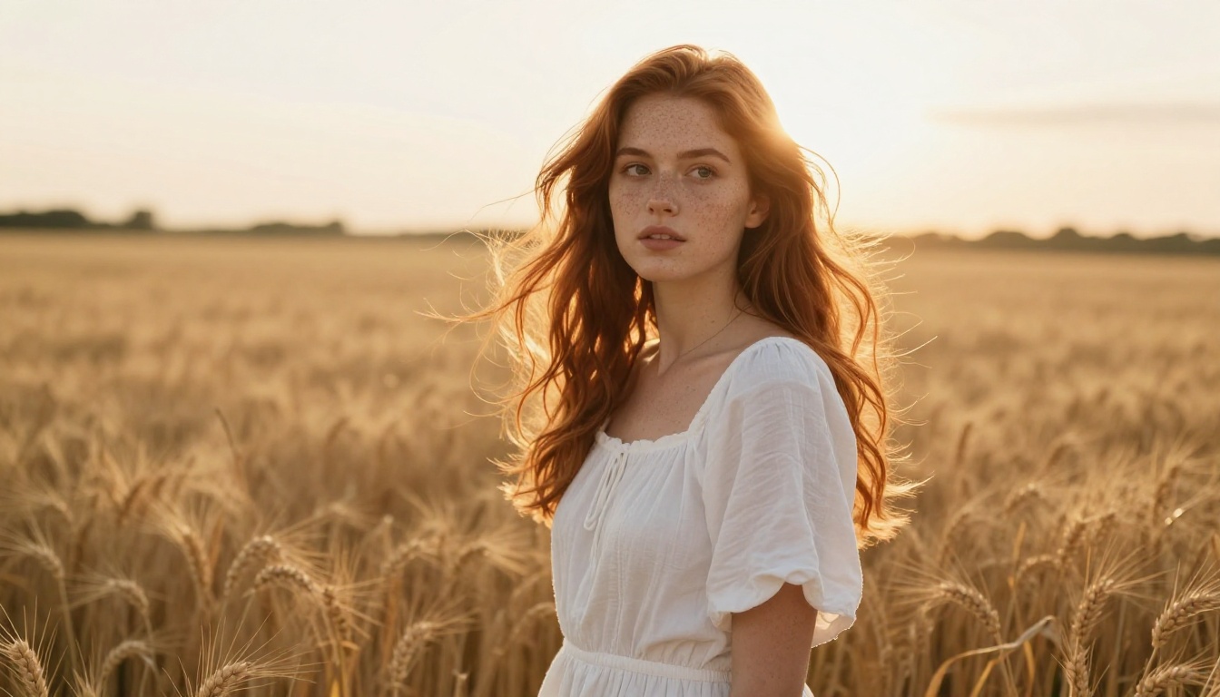 Young woman with auburn hair in a golden wheat field at sunset, photorealistic portrait with natural backlight