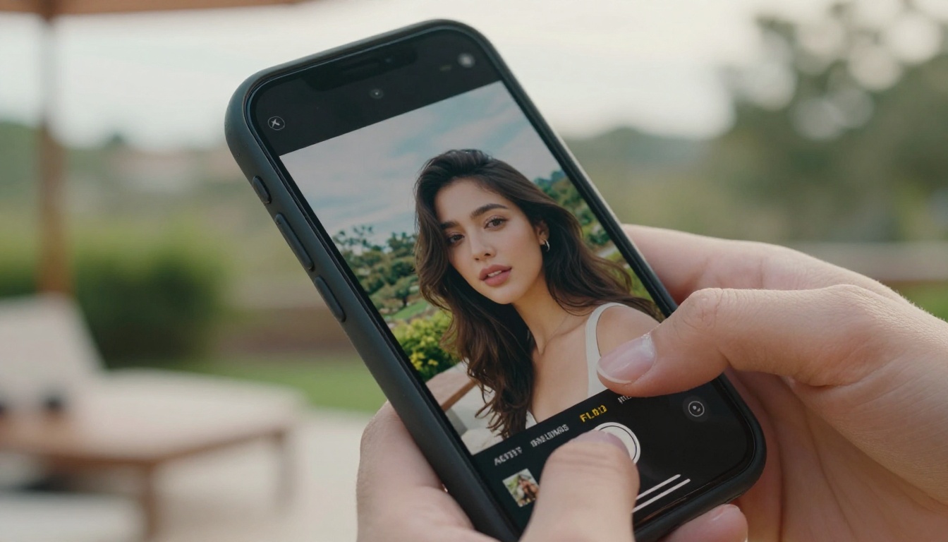 Smartphone close-up showing AI-generated woman portrait on screen