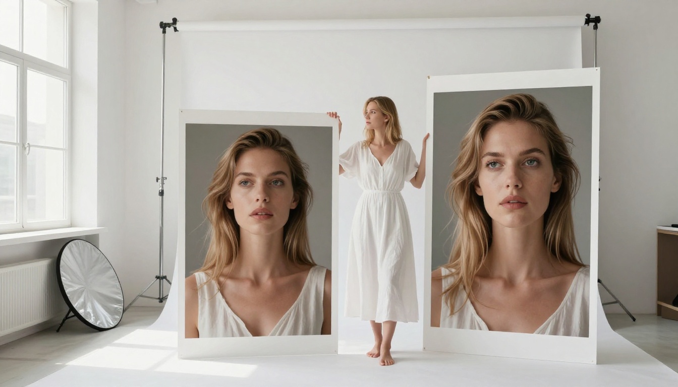 Woman comparing large format prints in bright white photography studio