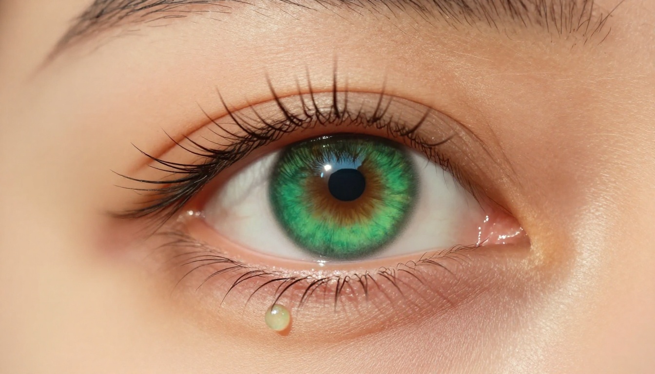 Extreme macro close-up of a woman's green eye with visible iris detail, dewdrop on eyelash, photorealistic