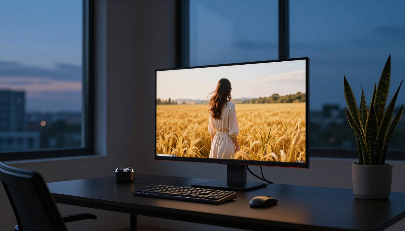 Modern home office at dusk with glowing monitor showing AI-generated woman