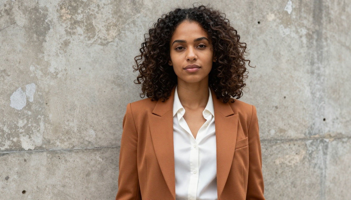 Woman in burnt sienna blazer against concrete wall, photorealistic fashion portrait with natural skin detail