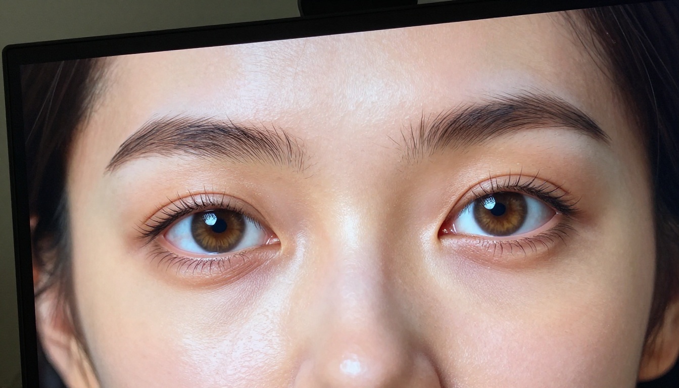 Macro close-up of photorealistic AI-generated portrait on high-resolution monitor screen