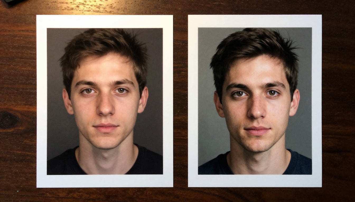 Two printed AI-generated portrait photographs side by side showing quality comparison on wooden table