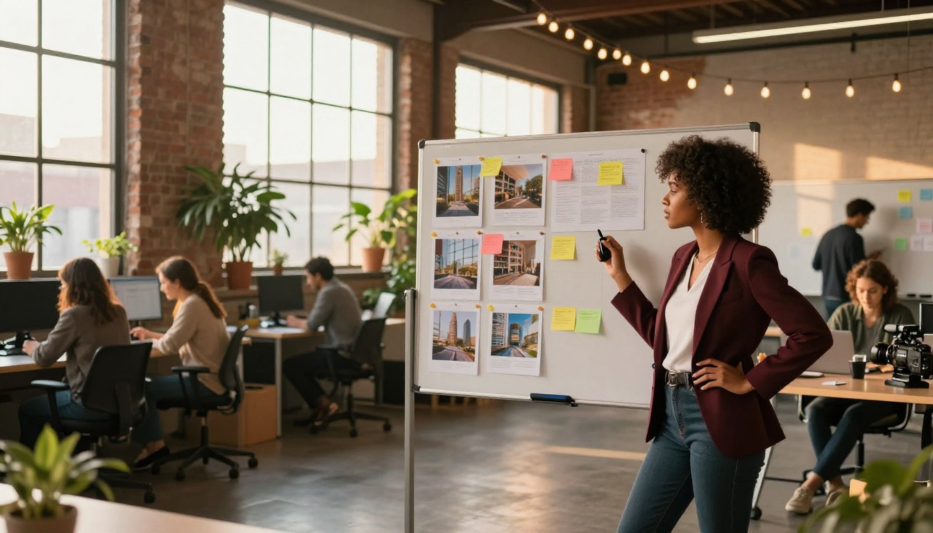 Creative agency team presenting AI image outputs during golden hour