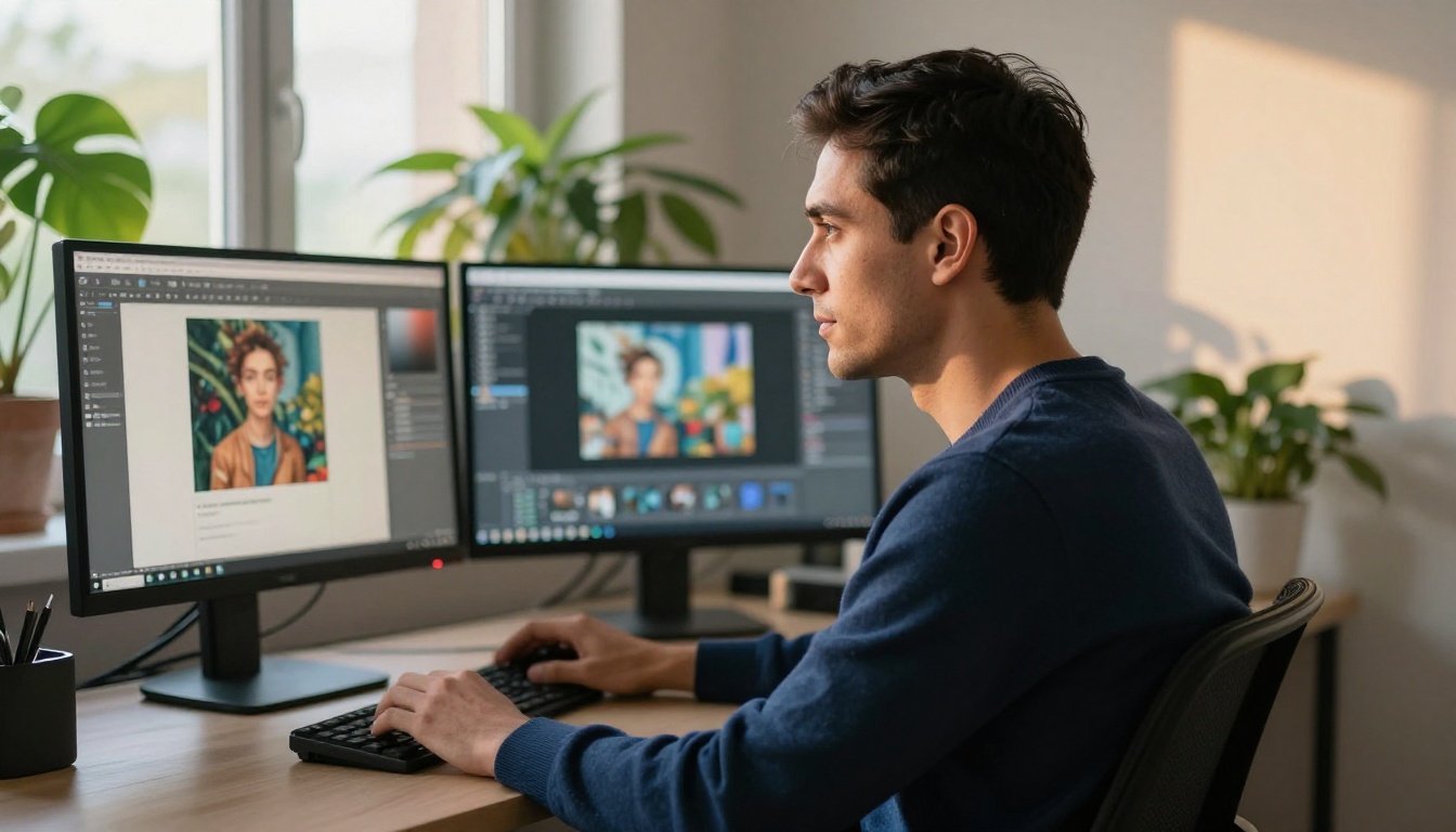 Man in navy sweater at dual-monitor workstation using AI image generation software, natural window light