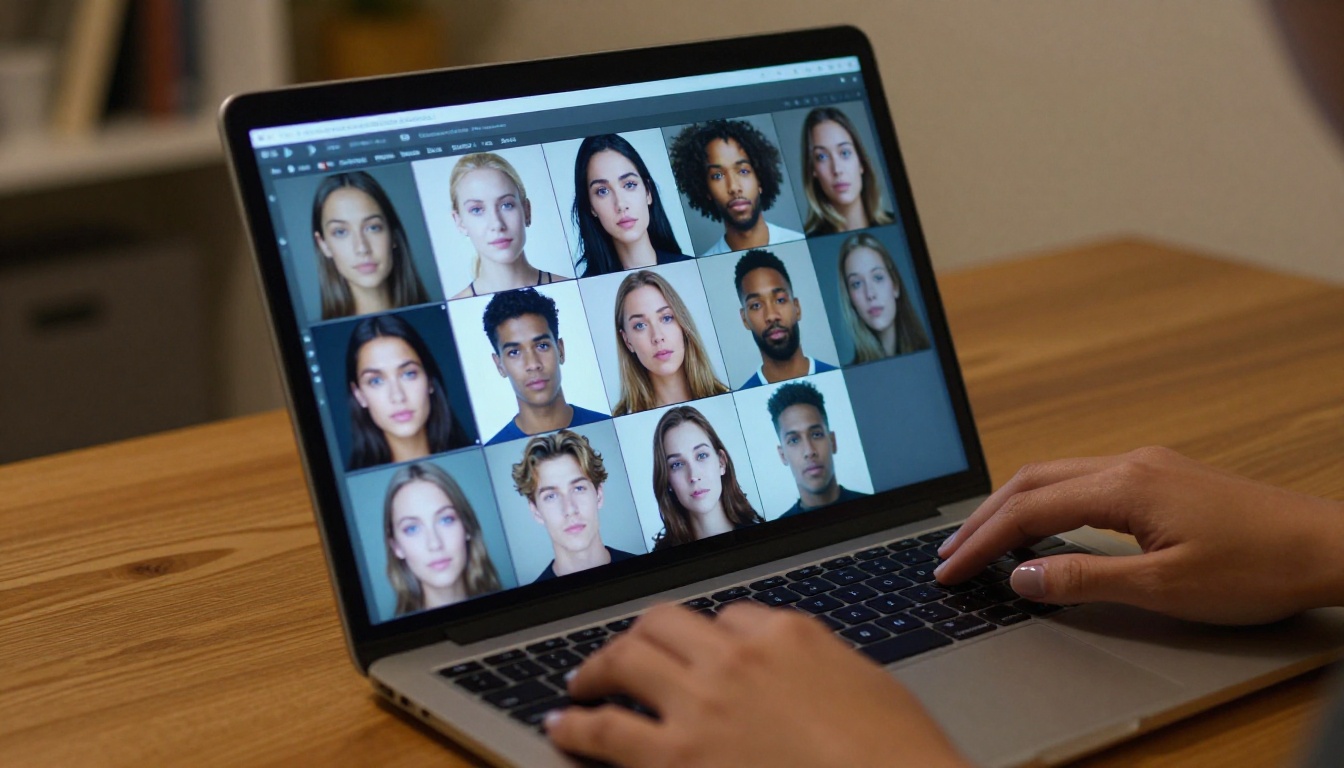 Laptop screen showing grid of twelve AI-generated photorealistic portrait images, hand near trackpad