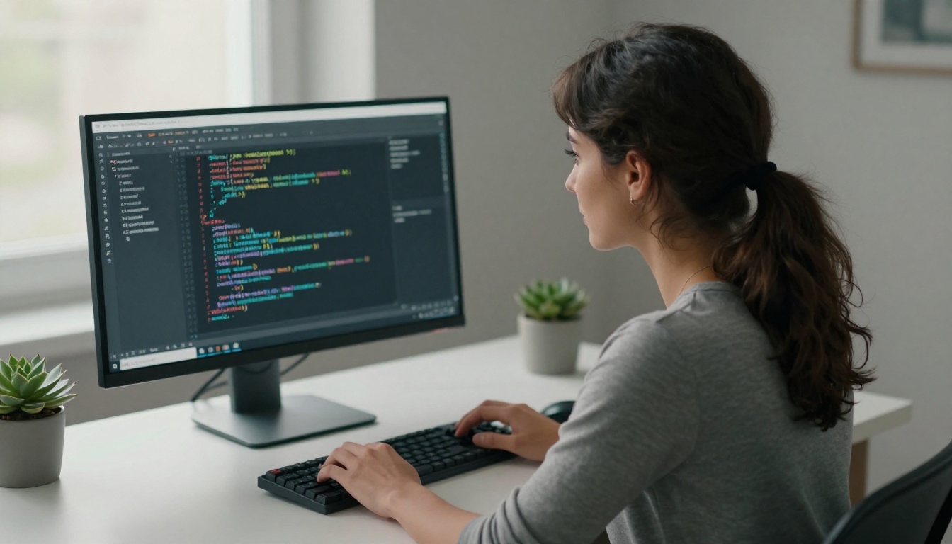 Woman developer at minimal white desk with terminal window open, cool window light, succulent plant