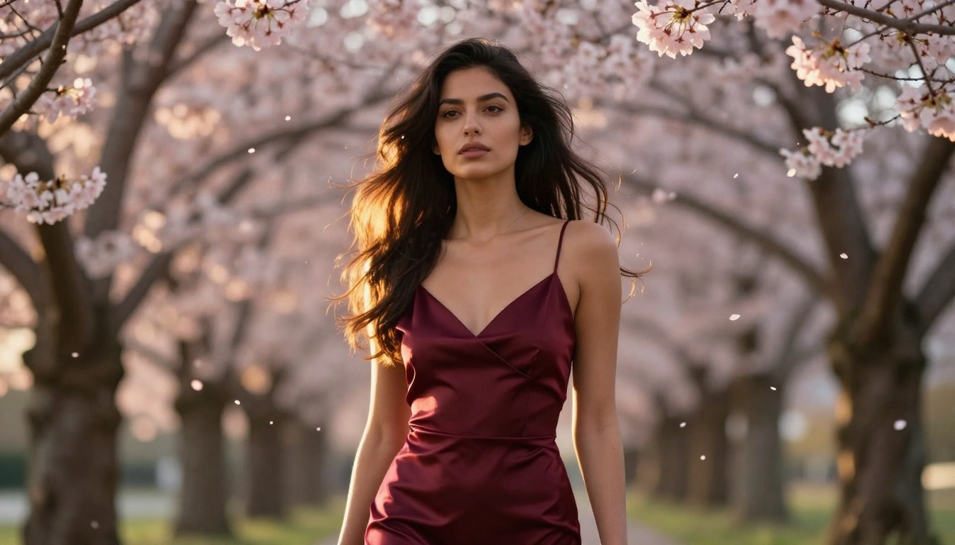 Woman in burgundy satin dress under cherry blossom trees at golden hour, photorealistic artistic portrait