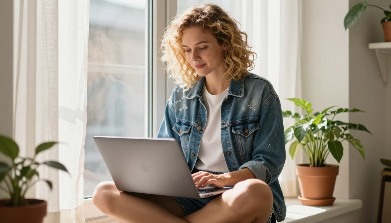 Woman with curly blonde hair sitting cross-legged on window seat with laptop, morning light through linen curtains